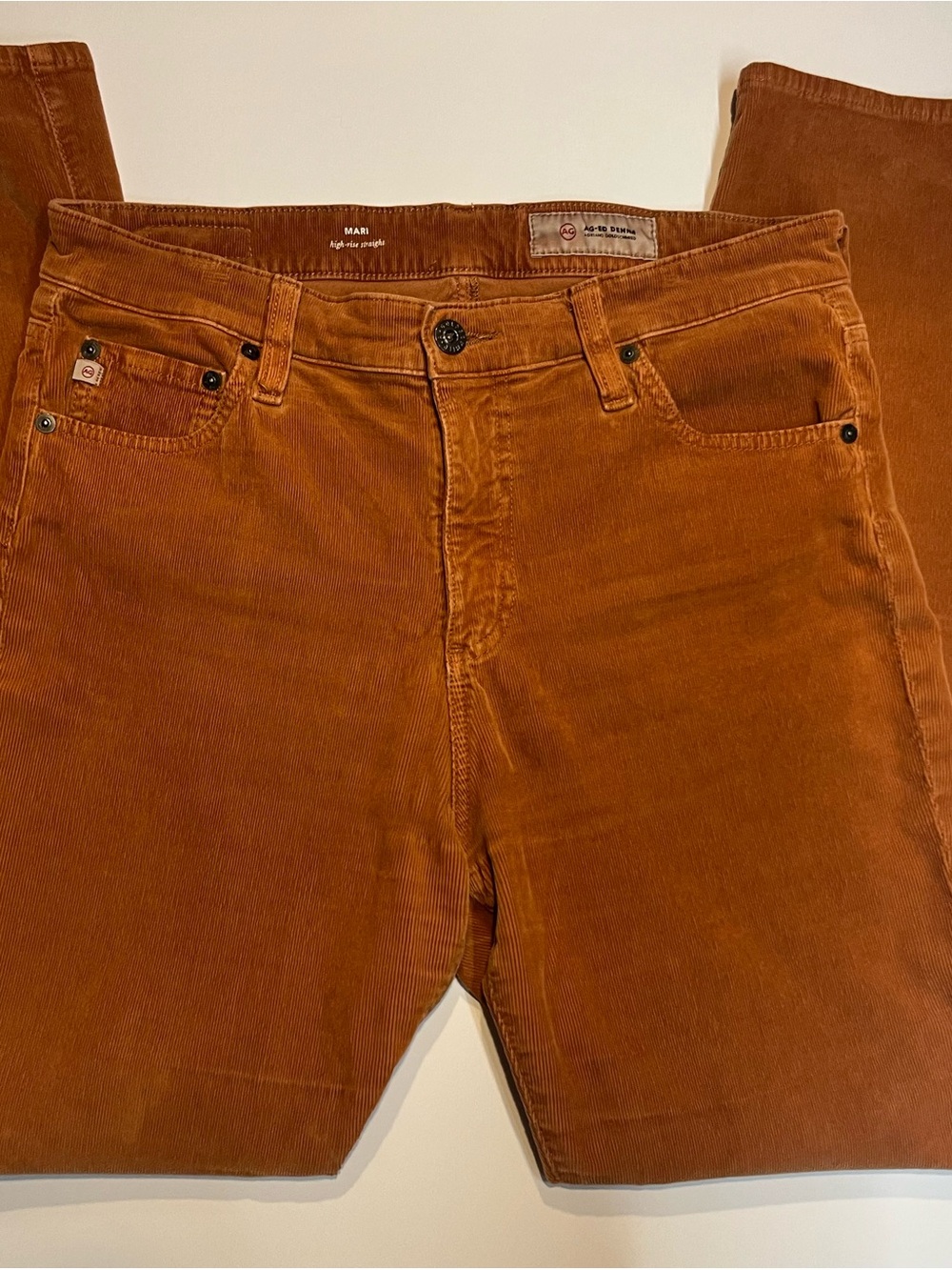 AG Women’s High rise Straight Leg Corduroy Jeans in Rust Brown